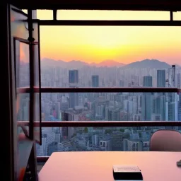  looking out of a window to a crowded city with many textbooks on the table korea sunrise with homework on it only one person