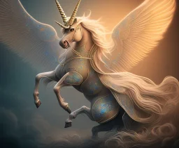 unicorn glowing, surreal fantasy art, highly detailed, intricate patterns on wings, soft studio lighting, smooth dark blue background 64k