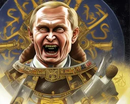 president Putin angry satan with horns fangs and rockets