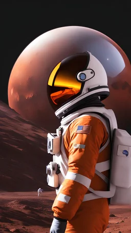 Photo realistic side view shot from European space agency an astronaut girl amazed by landscape of Mars wearing sufficient simple uniform of year 2100 improved unique amazing mask color #edb00e, sleek mask is big 80% made of glass an one layer color #edb00e, outside view of a planet reflected transparent, smooth mask, color gradients, enhanced exposure lights, surprised with landscape emotional delicate athletic body, futuristic appealing intricate