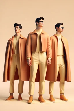 three men in different Balenciaga Superman's clothing, beige tones, fashion plates, deconstructed tailoring, rendered in cinema4d –q 2 –ar 3:5