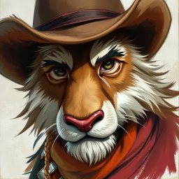 fantasy, oil color , strokes, stylistic, portrait, illustration, furry, cowboy .personable face