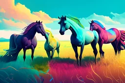 illustration fantasy horses of different colors in a field from afar