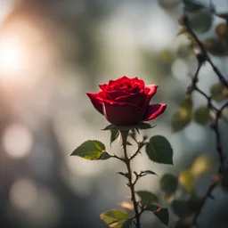 a lone red rose on a branch, backlit, blurred background