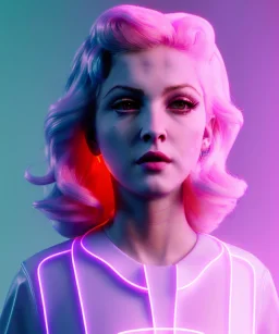 Artist, young madonna, android woman, glow iris, sweet, blonde, white skin, long eyeliner, purpurin pink cheeks, glossy lips, color leds lights, cables, short hair, circuits, cyberpunk, latex coat, cyber punk, neon, portrait, studio photo, unreal engine 5, soft color, 16 bit, god lights, ray tracing, RTX, lumen lighting, ultra deatail, volumetric lighting, 3d, finely drawn, hd.