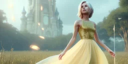 subtle queen, atmospheric, realistic, unreal engine, cinematic lighting, octane render, transparent long dress, blonde, full body, bright wings, smile, long hair