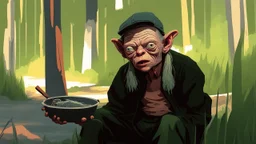 Gollum catching a fish and eats it raw, cartoon style Simon Stålenhag