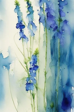 Abstract wet watercolour, blue green stalks delphiniums, not cropped