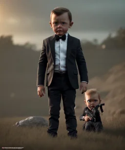 James bond toddler, full body, gun, car, dramatic lighting, hyper realistic