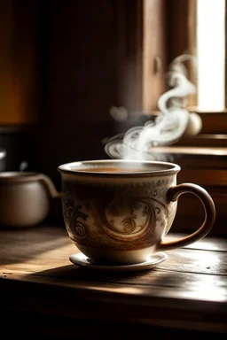 A steaming cup of tea, with swirling patterns of steam rising from the surface, set against a backdrop of a cozy, rustic kitchen.