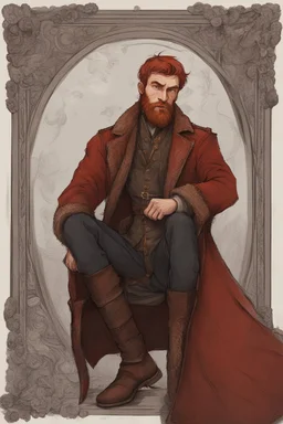 man, medieval, fighter, russian, croocked nose, czar, rich, simple clothes, short messy hair, thick beard, oligarch, leather coat with fur, brocade clothes, pencil drawing,red hair, muscles, background frame, 20 years old, medival leather boots