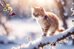 A beautiful colourful little cat catches a purple berry while standing on a snowy branch in sunshine, ethereal, cinematic postprocessing, bokeh, dof