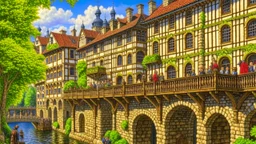 medieval buildings with balconies overhanging a river, blue sky and people, photorealism, trees, foliage, piers, intricate detail, ultra-sharp image, sharp focus