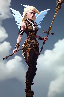 clouds, blonde steampunk angel holding staff, majestic