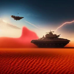 volumetric dramatic Wide desert Battle scene with futuristic hovering military armored Hovercraft tank painted by chris foss, floating, hover, 4k, 8k, [hovercraft] Minutiae, highly detailed, render, rivets, hovering, stripes, sunset duststorm, nimbus clouds