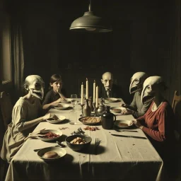 Photo of a family sitting at the dinner table. Hypermaximalist, grime, shadow, fog, unsettling, antique, old, liminal, odd, uncanny, transformational, interesting, rift, cryptic, low-fidelity, unreal, deserted, abstracted, twins, ambiguous, surreal, jaws, elongated, oblong, undulating, mouths, eyes, eerie, Max Ernst