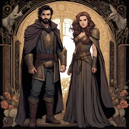 Romantic couple Oscar Isaac druid/warlock/necromancer and Paul Rudd rogue/paladin, Dungeon and Dragon style, fantasy, Modern comic style