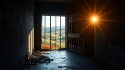 Inside a dark dismal cold prison cell with chains on the floor and bars at the window, looking out through an open heavy cell door into freedom, with colourful gardens and distant hills in bright warm sunshine. Exquisite composition, beautiful detailed intricate detailed octane render, 8k artistic photography, photorealistic, perfect light, chiaroscuro, award-winning photograph, masterpiece