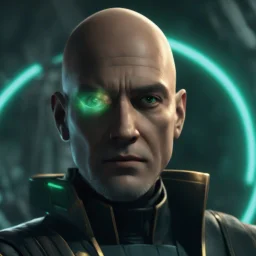 star wars bald male corellian jedi pilot wearing gunmetal grey and black old republic armored robes with gold trim inside the jedi temple holding a lightsaber with viridian green blade in left hand, centered head and shoulders portrait, hyperdetailed, dynamic lighting, hyperdetailed background, 8k resolution, volumetric lighting, light skin, fully symmetric details