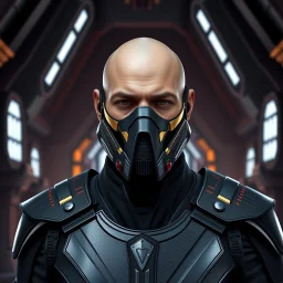 star wars bald male corellian jedi wearing gunmetal grey and black old republic armored flightsuit and breath mask with gold and metallic red trim inside the jedi temple, centered head and shoulders portrait, hyperdetailed, dynamic lighting, hyperdetailed background, 8k resolution, volumetric lighting, light skin, fully symmetric details