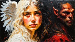 old worn postcard, Portrait Light and darkness in one person, angel and demon in one person, abstract art additional colors small details,