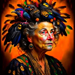 #Leonardai Starling , photorealistic ,pop surreal , lowbrow art ,enchanting portrait of a beautiful mature woman,representing a starling , feathers in her hair ,black and vibrant colors , sweet , magical , cosy warm light , whimsical, alluring , dazzling ,, expressive