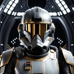 star wars bald male corellian pilot wearing gunmetal grey and black First Order special forces TIE pilot armored flightsuit and helmet with gold trim inside the jedi temple, centered head and shoulders portrait, hyperdetailed, dynamic lighting, hyperdetailed background, 8k resolution, volumetric lighting, light skin, fully symmetric details