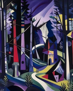 A dark purple forest with windmills painted by Wassily Kandinsky