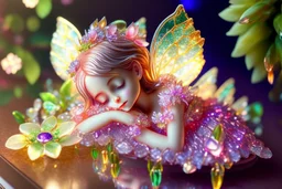 closeup, cute chibi sleeping fairy, Coloured glass flowers set with gemstones, glittering metal stems and gemstone leaves on a room table sharp focus elegant extremely detailed intricate very attractive beautiful dynamic lighting fantastic view crisp quality exquisite detail in the sunshine gems and jewels