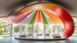 A beautiful unique pavilion shaped like a lemniscate (figure-eight curve), with a continuous flowing loop that creates interconnected spaces. The roof gently rises and falls in harmony with the curve. The structure is decorated with rainbow colors. Large, open-air windows allow natural light to flood into the building. The interior features rounded, organic forms that follow the curve of the lemniscate. The effect is calm, comforting, protective and delightful. Award-winning photograph