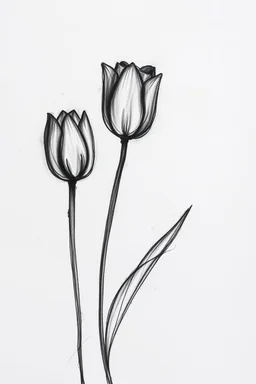 Minimalist rough abstract Charcoal drawing of 3 tulips on a textured gesso background. Simple lines