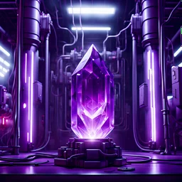 large purple crystal hooked up to an energy supply, inside a power station, cyberpunk style, minimal, clean layout