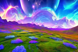 cosmic landscape with blue grass with magic lake, sky with light and stars. a bright spaceship in the sky with blu laser light