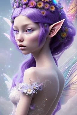 a little fairy elf, side profile, closed eyes, purple hair, colorful, white dress, rainbow flowers, in the style of Camilla d'Errico, hyper detailed, beautiful, complex, trending on artstation, cryengine, national geographic photo, chiaroscuro