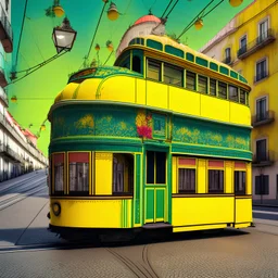 Surreal Lisbon,hiper realistic yellow tram, multicolour florestal