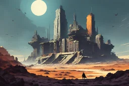 illustration of the battle torn ruins of a vast crumbling , post apocalyptic temple complex set in the wastes of an unknown industrial planet, in the sci fi style of Sparth, Dan McPharlin and the comic book graphic style of Jean-Giraud Moebius, finely lined, highly detailed gritty stone textures, in subdued natural colors