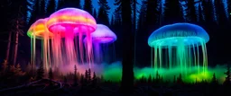 giant bio luminous Rainbow floating high JellyFish, Epidemiologist yeti inspecting the organism, light floating in a forest, mist, light trails, nighttime, long exposure, Treeline, Alberta, scientist, Dystopian, Hyper detailed, Realistic, Extreme depth of field, bokeh blur, Alberta all-natural, National Geographic, in the style of candid, imperfection, natural lighting, cinematic, Fuji Film, Anamorphic lens, 2040s, --ar 4:5 --w 150 --style raw