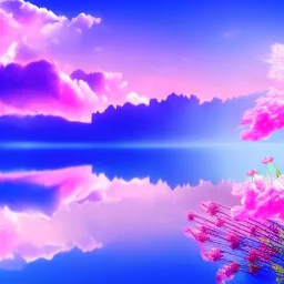 beautiful dream, mystical, cascades, delicate flowers, masterpiece, pastel colors, blue river, pink clouds,8k