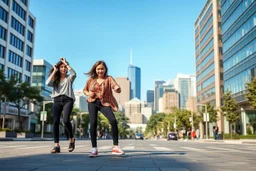 modern city wide street,pretty city scape at background ,blue sky , young beautiful ladies in pants and long shirt ,hip-hop dancing