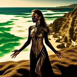 Create an image of a woman with a hyper-realistic style standing on a cliff in front of a spectacular view of the ocean and reaching her arms out to the sides, showing an elaborate body paint design. The skin should be painted in sections of black, silver, gold and green, with patterns imitating flowing lines and dots. The face features an asymmetrical mask-like effect, with one eye highlighted in gold and the other in green, complementing a matching silhouette. The lips are a vibrant red color,