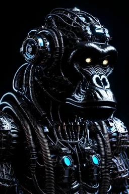full view of a realistic cyberpunk style geometric robotic gorilla wearing rectangular goggles and a high tech cybersuit with various wires lights and doodads made of reflective black plastic rusted metal and discarded electronic parts looking up into the sky in harsh high contrast lighting from the top