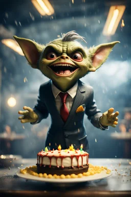 portrait of happy gremlin cake in suit flying in wind tunnel birthday party in a storm cloud, in the style of a fallout 4,bokeh like f/0.8, tilt-shift lens 8k, high detail, smooth render, down-light, unreal engine, prize winning