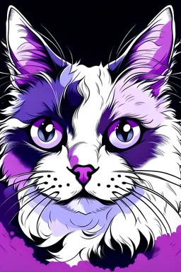 an anime cat with white fur and an intense gaze with purple sky T-shirt design