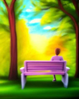 park mystical dream, park bench, man, woman, child, dog, trees, path, bird, sunshine, mystical, fantasy, romanticism, pastel colors, daylight, daytime, acrylic painting, detailed, soft focus,