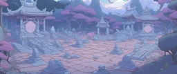 A light purple graveyard with ghosts designed in Japanese Oni masks painted by Qiu Ying