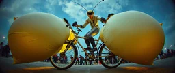 pinhole cam, airbrush 3d rendering, big tics and a cyberpunk robot The ninja priest Mantis Pillow Fighter, huge mech 🦗🥊 A bizarre upright bicycle-creature, front wheel replaced by articulated mantis-like arms carrying enormous inflatable pillows, looking far too serious about complying with official pillow-fighting regulations.