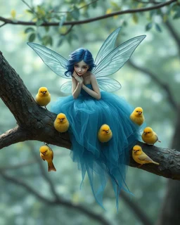 hyper realistic magical scene featuring a delicate fairy with indigo hair and wings sitting gracefully on a tree branch. The fairy should be dressed in a flowing vibrant deep multicolor indigo dress that blends seamlessly with the natural surroundings. Surround the fairy with five small, fluffy vibrant deep yellow birds, enhancing the enchanting and whimsical atmosphere of a pale lush, verdant pale blue forest.