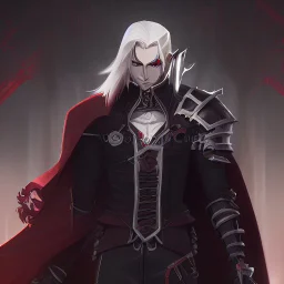 Vampire knight, young man, handsome, long white hair, black full plate armor, red cape