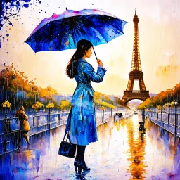 Digital watercolor disintegrating double exposure rain, woman with umbrella in Paris silhouette of Eiffel tower in distance. By Waterhouse, Carne Griffiths, Minjae Lee, Pieter Bruegel de Oude, Stylized watercolor art, Intricate, Complex contrast, soft Cinematic Volumetric lighting, pastel golden hour colors, wide long shot, perfect masterpiece, Baroque