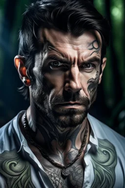 Photographic portrait Jason David Frank as fantasy alpha werewolf in human form very muscular short cropped black hair and stubble on chin, tribal tattoos wearing white button up shirt with rolled up sleeves realistic face, close-up, dark fantasy, fantasy forest, intricate details, hyper detailed, deviant art style